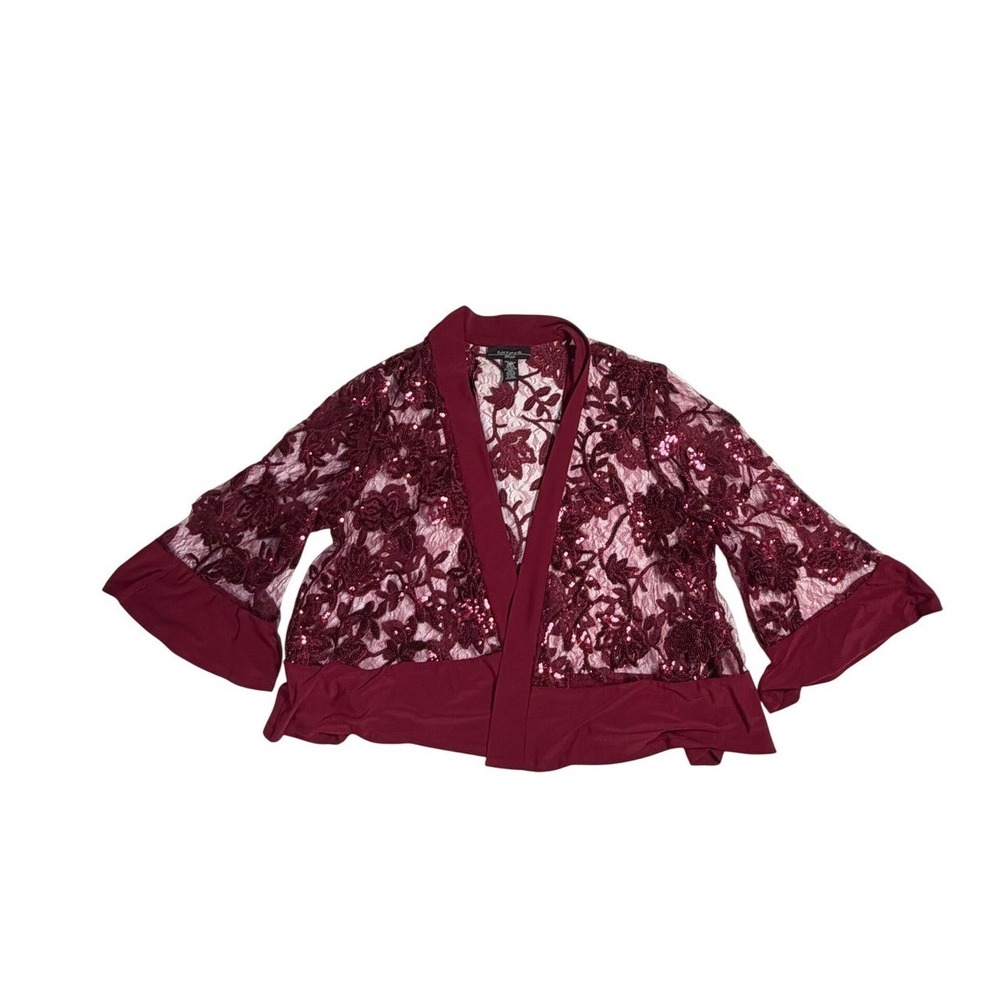 R&M Richards Whimsigoth Burgundy Sequined Floral Lace Open Front Shrug